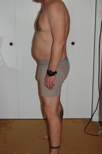 A before and after photo of a 5'9" male showing a snapshot of 174 pounds at a height of 5'9