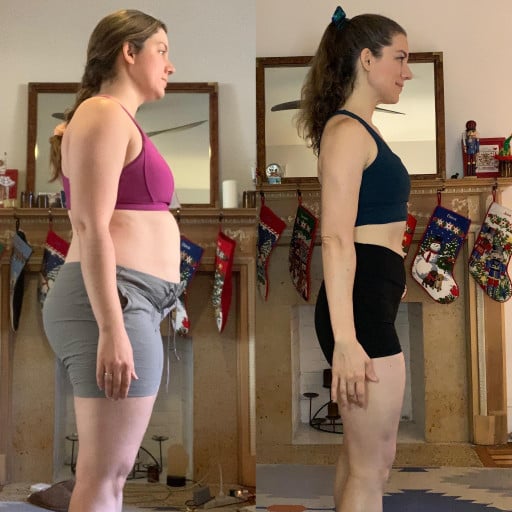 A picture of a 5'6" female showing a weight loss from 200 pounds to 130 pounds. A net loss of 70 pounds.