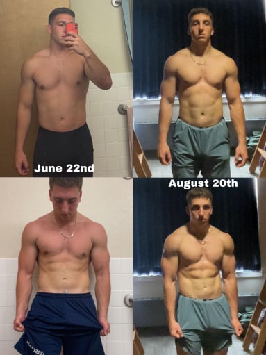 A progress pic of a 5'9" man showing a fat loss from 184 pounds to 173 pounds. A total loss of 11 pounds.
