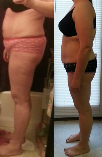 A photo of a 5'7" woman showing a weight loss from 219 pounds to 188 pounds. A total loss of 31 pounds.
