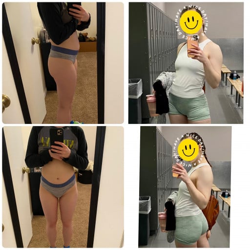 A before and after photo of a 5'3" female showing a weight gain from 129 pounds to 135 pounds. A net gain of 6 pounds.