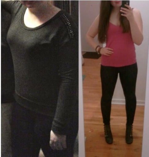 A before and after photo of a 5'7" female showing a weight reduction from 177 pounds to 150 pounds. A net loss of 27 pounds.