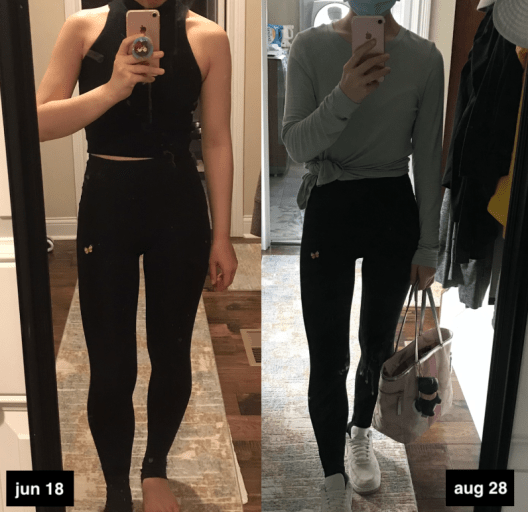A progress pic of a 5'4" woman showing a fat loss from 119 pounds to 114 pounds. A total loss of 5 pounds.