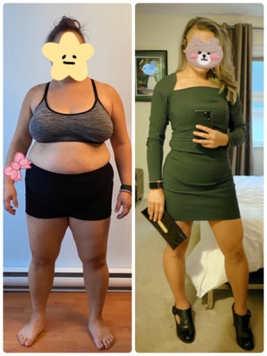 A photo of a 5'0" woman showing a weight cut from 215 pounds to 137 pounds. A total loss of 78 pounds.