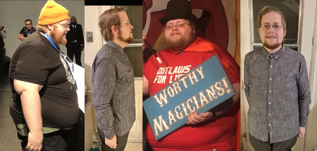 A progress pic of a 5'10" man showing a fat loss from 468 pounds to 238 pounds. A respectable loss of 230 pounds.