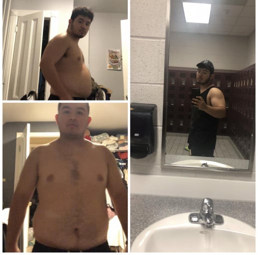 A progress pic of a 5'11" man showing a fat loss from 255 pounds to 224 pounds. A net loss of 31 pounds.