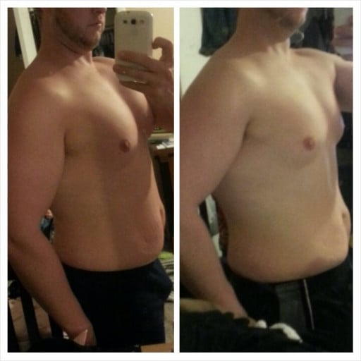 A progress pic of a 6'4" man showing a fat loss from 240 pounds to 205 pounds. A net loss of 35 pounds.