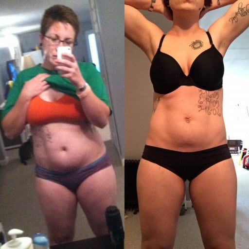 A before and after photo of a 5'6" female showing a weight cut from 209 pounds to 159 pounds. A respectable loss of 50 pounds.