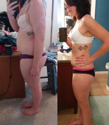 A progress pic of a 5'6" woman showing a weight cut from 189 pounds to 144 pounds. A net loss of 45 pounds.