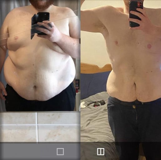 A progress pic of a 6'3" man showing a fat loss from 370 pounds to 235 pounds. A total loss of 135 pounds.