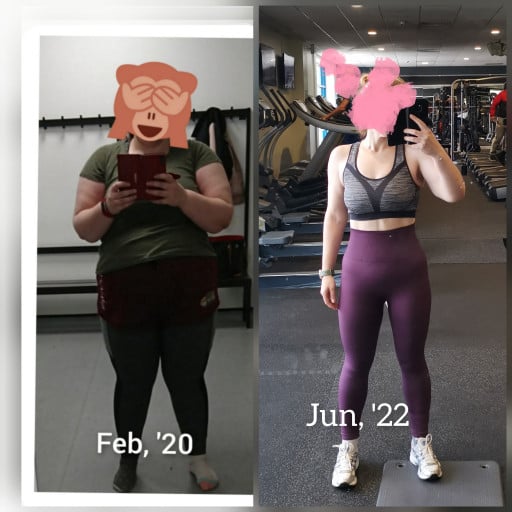 A before and after photo of a 5'4" female showing a weight reduction from 267 pounds to 147 pounds. A respectable loss of 120 pounds.
