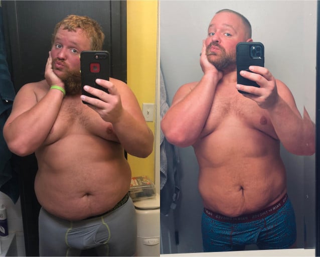 A progress pic of a 5'9" man showing a fat loss from 325 pounds to 229 pounds. A net loss of 96 pounds.