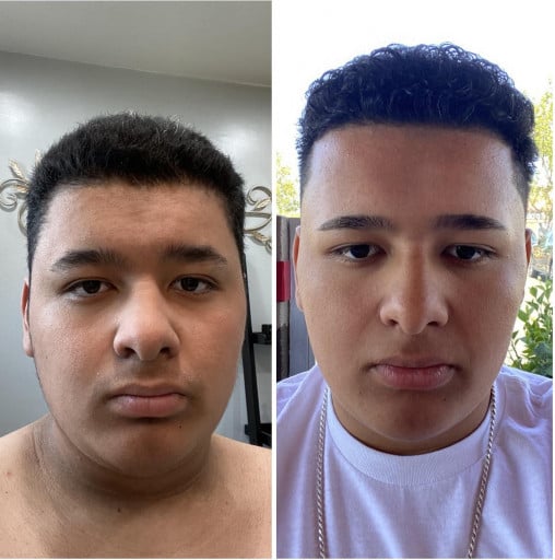 A before and after photo of a 5'9" male showing a weight reduction from 250 pounds to 213 pounds. A respectable loss of 37 pounds.
