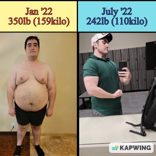 A photo of a 6'0" man showing a weight cut from 350 pounds to 242 pounds. A total loss of 108 pounds.