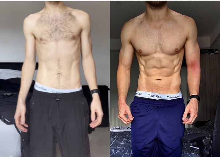 A before and after photo of a 5'8" male showing a weight gain from 120 pounds to 365 pounds. A total gain of 245 pounds.