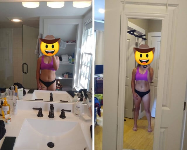 A photo of a 5'3" woman showing a weight cut from 150 pounds to 140 pounds. A net loss of 10 pounds.