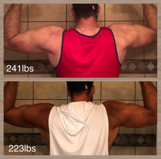 A progress pic of a 6'2" man showing a weight gain from 241 pounds to 315 pounds. A total gain of 74 pounds.