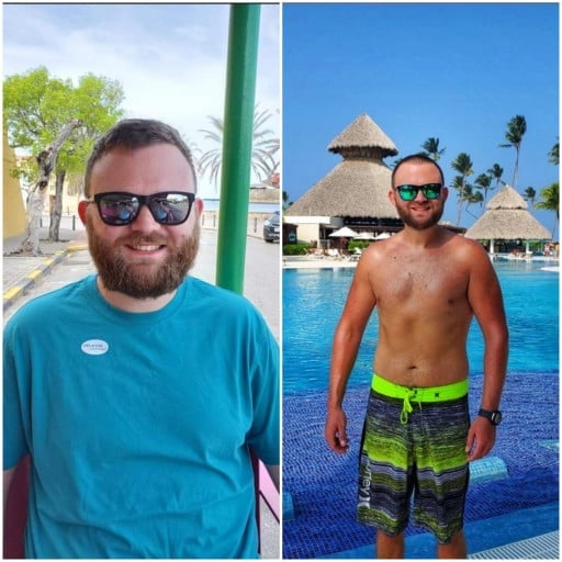 A before and after photo of a 6'0" male showing a weight reduction from 220 pounds to 178 pounds. A total loss of 42 pounds.