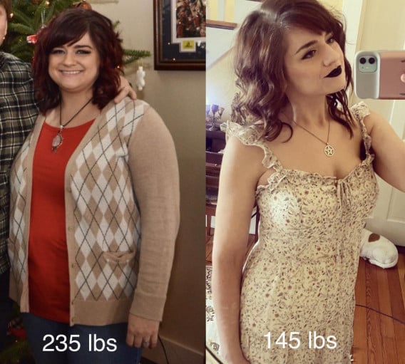 A progress pic of a 5'5" woman showing a fat loss from 235 pounds to 145 pounds. A net loss of 90 pounds.