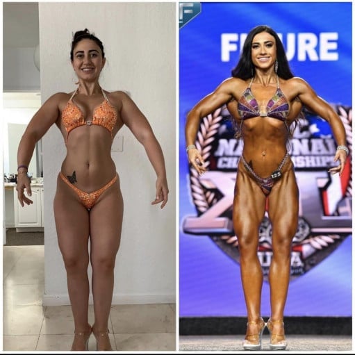 A before and after photo of a 5'3" female showing a weight reduction from 136 pounds to 122 pounds. A respectable loss of 14 pounds.