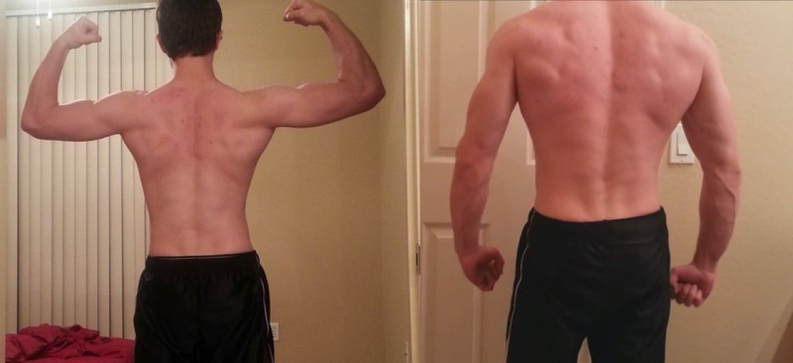 A before and after photo of a 5'9" male showing a weight gain from 112 pounds to 131 pounds. A total gain of 19 pounds.