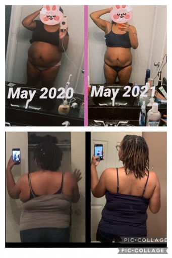 A progress pic of a 5'7" woman showing a fat loss from 265 pounds to 206 pounds. A total loss of 59 pounds.