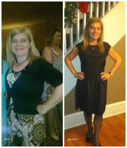 A before and after photo of a 5'2" female showing a weight cut from 171 pounds to 126 pounds. A total loss of 45 pounds.