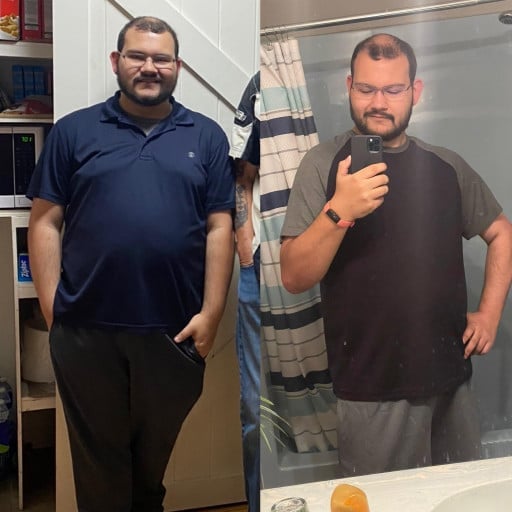 A before and after photo of a 5'7" male showing a weight reduction from 282 pounds to 235 pounds. A net loss of 47 pounds.
