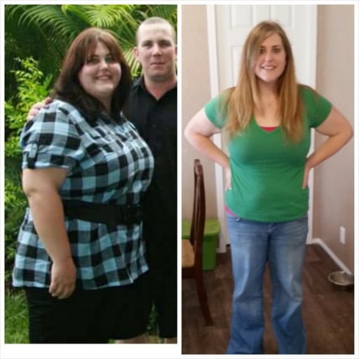 A progress pic of a 5'8" woman showing a fat loss from 291 pounds to 197 pounds. A total loss of 94 pounds.