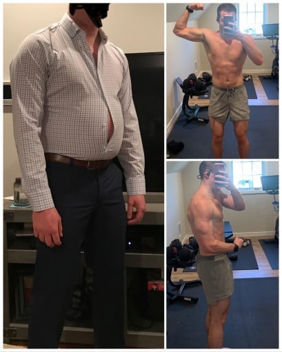 A progress pic of a 5'10" man showing a fat loss from 208 pounds to 170 pounds. A respectable loss of 38 pounds.