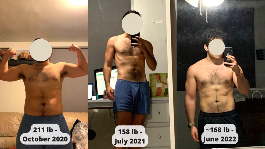 Before and After 43 lbs Weight Loss 5 foot 7 Male 211 lbs to 168 lbs