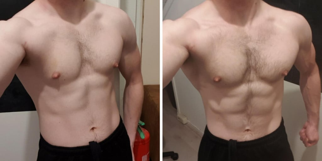 A before and after photo of a 5'11" male showing a weight bulk from 148 pounds to 165 pounds. A total gain of 17 pounds.