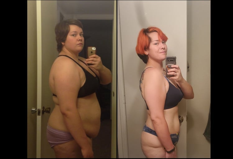 A progress pic of a 5'6" woman showing a fat loss from 250 pounds to 170 pounds. A net loss of 80 pounds.