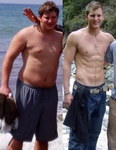 A photo of a 5'10" man showing a weight cut from 235 pounds to 165 pounds. A net loss of 70 pounds.