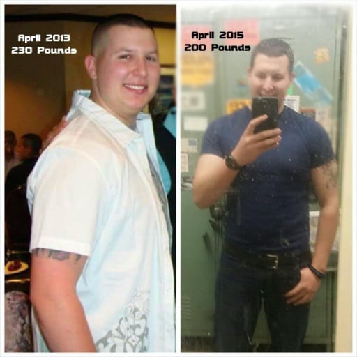 A progress pic of a 6'0" man showing a weight loss from 230 pounds to 187 pounds. A respectable loss of 43 pounds.