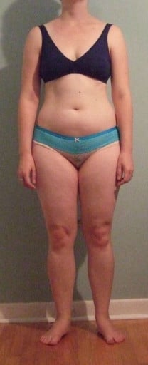 A progress pic of a 5'4" woman showing a weight reduction from 167 pounds to 149 pounds. A total loss of 18 pounds.