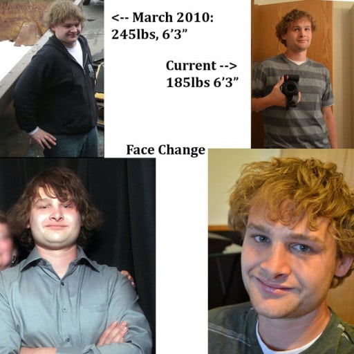 A progress pic of a 6'3" man showing a fat loss from 245 pounds to 185 pounds. A total loss of 60 pounds.