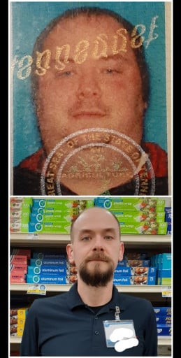 A picture of a 6'0" male showing a weight loss from 329 pounds to 164 pounds. A net loss of 165 pounds.