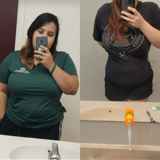 A before and after photo of a 5'3" female showing a weight reduction from 230 pounds to 186 pounds. A total loss of 44 pounds.