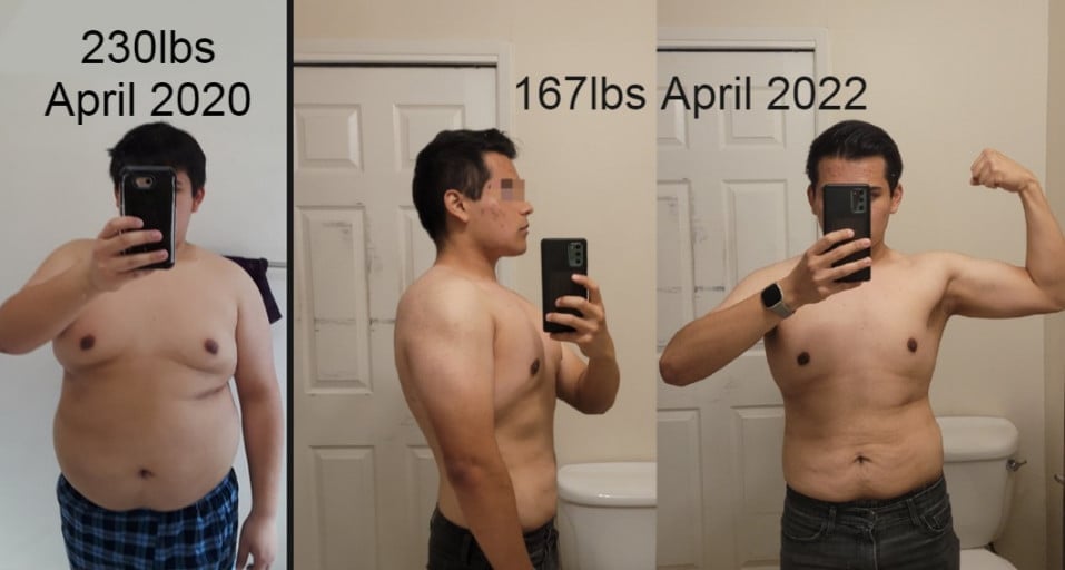 5'6 Male Before and After 63 lbs Fat Loss 230 lbs to 167 lbs