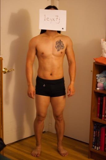 A progress pic of a 5'4" man showing a snapshot of 141 pounds at a height of 5'4