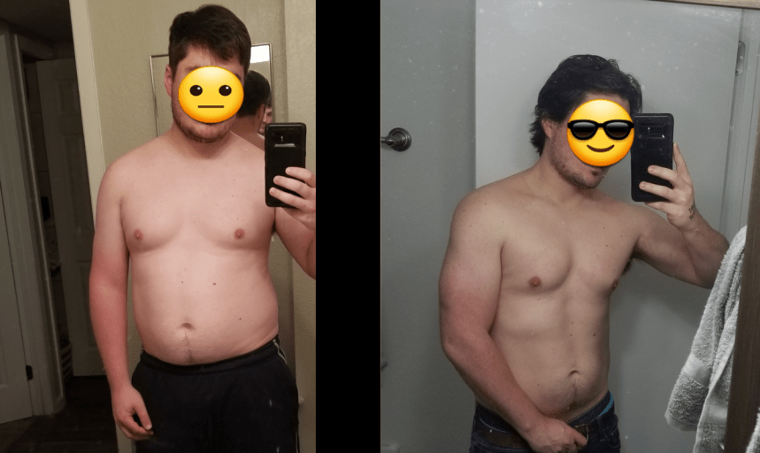 A before and after photo of a 5'8" male showing a weight reduction from 195 pounds to 180 pounds. A total loss of 15 pounds.