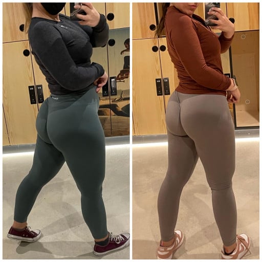 A before and after photo of a 5'2" female showing a weight reduction from 163 pounds to 141 pounds. A net loss of 22 pounds.