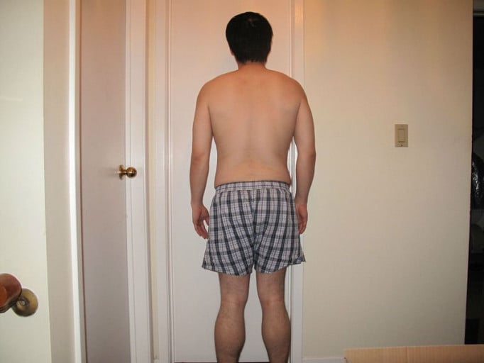 A before and after photo of a 5'9" male showing a snapshot of 185 pounds at a height of 5'9