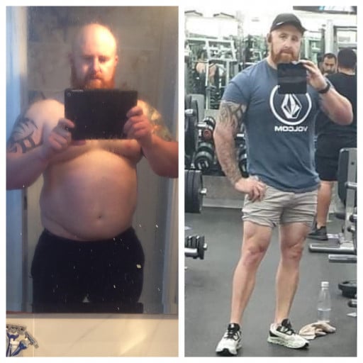 A picture of a 6'2" male showing a weight loss from 330 pounds to 232 pounds. A total loss of 98 pounds.