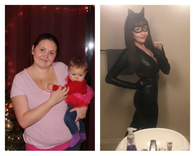 A before and after photo of a 5'11" female showing a weight reduction from 213 pounds to 130 pounds. A total loss of 83 pounds.