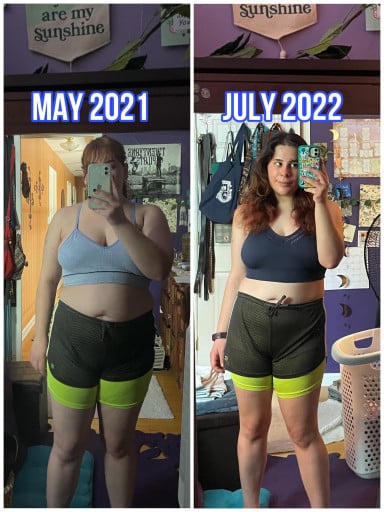 A progress pic of a 5'3" woman showing a fat loss from 200 pounds to 165 pounds. A respectable loss of 35 pounds.