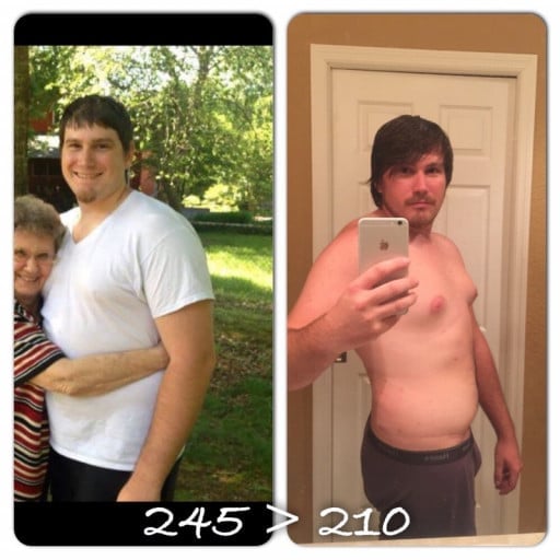 A progress pic of a 5'11" man showing a fat loss from 245 pounds to 210 pounds. A net loss of 35 pounds.
