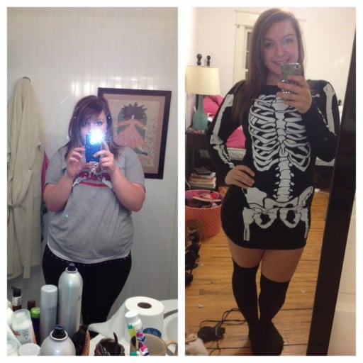 A progress pic of a 5'4" woman showing a fat loss from 208 pounds to 169 pounds. A total loss of 39 pounds.