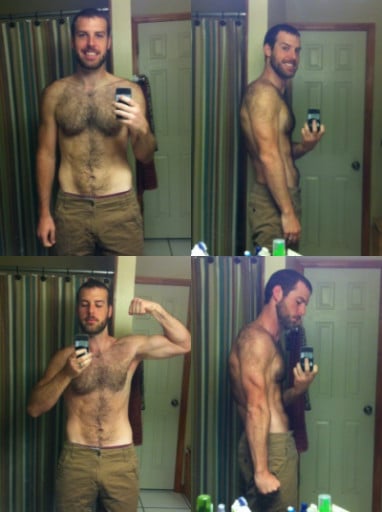 A before and after photo of a 6'1" male showing a fat loss from 265 pounds to 185 pounds. A net loss of 80 pounds.
